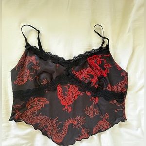 Dragon print black and red lace trim crop top size M